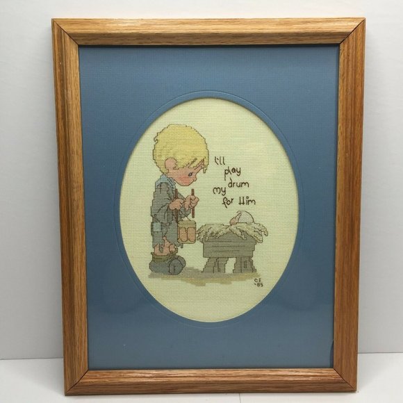 Vtg Cross Stitch Precious Moments I'll Play My Drum For Him Drummer Boy Framed - Picture 1 of 5